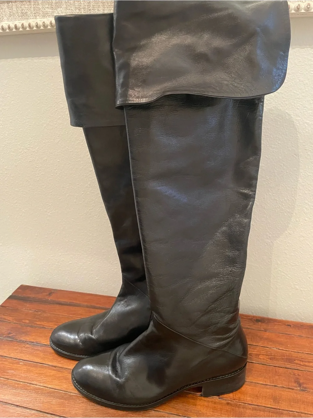 Lorenzo Masiero Black Leather Riding Boots Over-the-Knee Folded Cuff Boots
